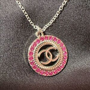 Beautiful Upcycled Chanel CC rhinestone charm on 18” 925 silver chain